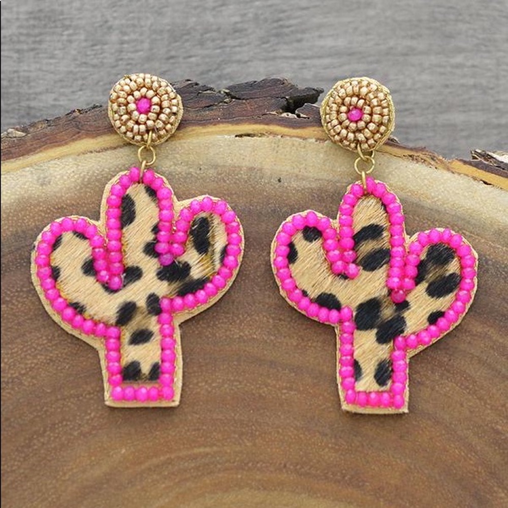 Leopard pink cactus earrings